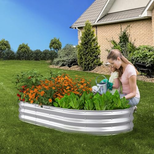 Raised Garden Bed, 6x3x1ft Galvanized Outdoor Planter Beds with Safety Edging and Gloves, Oval Metal Planter Box for Gardening Vegetables Flowers Herb-Silver - Image 6