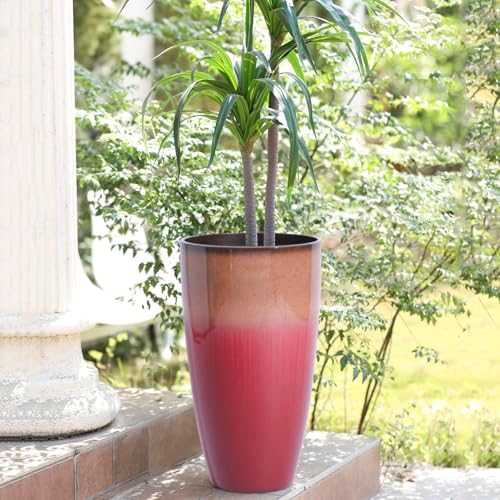 Outdoor Planter 21" Tall Planters Gardening Pots with Insert Shelf Accessories Weather-Resistant Plastic Flower Pot Front Porch Decor, Tan to Burgundy Gradient - Image 7