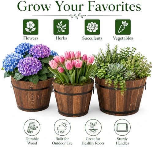 3 Pcs Wooden Planter Barrel Set, Outdoor Flower Pots with Handle & Drainage Holes, Rustic Whiskey Barrel Planter for Plants, Herbs, Veggies, Indoor Outdoor Use - Image 2
