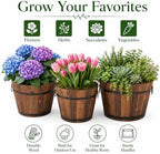 3 Pcs Wooden Planter Barrel Set, Outdoor Flower Pots with Handle & Drainage Holes, Rustic Whiskey Barrel Planter for Plants, Herbs, Veggies, Indoor Outdoor Use - Image 2