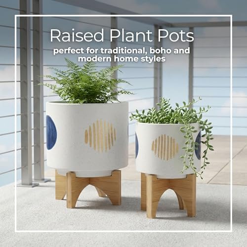Funky Shapes Ceramic Planters with Wooden Stand for Home Decor Flower Pots for Living Room, Entryway, and Garden - Raised Plant Pots fo Indoor and Outdoor Plants - Set of 2, 11", 7", White & Tan - Image 4