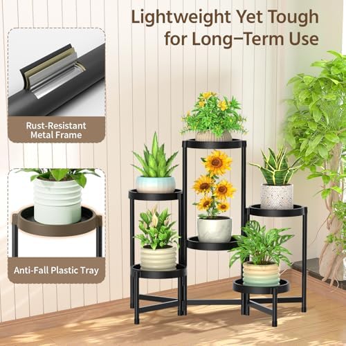 LASZOLA Plant Stand Indoor Outdoor Tall with Plastic Tray, 6 Tiers Black - Image 6