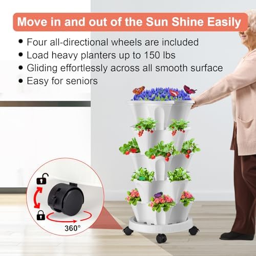GameXcel Vertical Planter Tower - 5 Tier Stackable Garden Planters with Wheels and Tools Plant Pots for Strawberry Herb Flower and Vegetable Indoor Outdoor Use White - Image 4