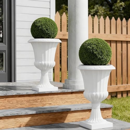 2 Pcs Classic Urn Planter, 19.7 Inch Tall, Classic PP Plastic Flower Pot with 3D Texture & Square Base for Indoor Outdoor, Artificial Tree Fern Geranium Container for Garden Porch Decor White 2 - Image 3