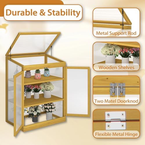 2-Tier Wooden Cold Frame Greenhouse, Garden Portable Mini Cabinet, Flower Shelf Bed for Outdoor Indoor Use - Image 7