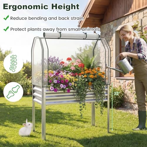 GIANTEX Raised Garden Bed with Legs & Greenhouse Cover, 44x22x60 Elevated Metal Planter Box with Roll-up Door, Outdoor Mini Greenhouse for Vegetable Flower Herb Patio Balcony (Silver,1) - Image 3