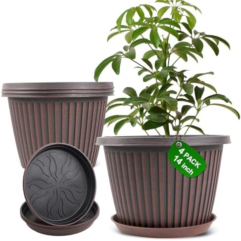 Large-Planter-Indoor-Outdoor Plant Pots, 14 inch 4 Pack Plastic Flower Pots with Saucer And Drainage Holes, Modern Garden Planters For Planting Medium Large Plants， Decorative Resin Garden Pots by Myfeegoin