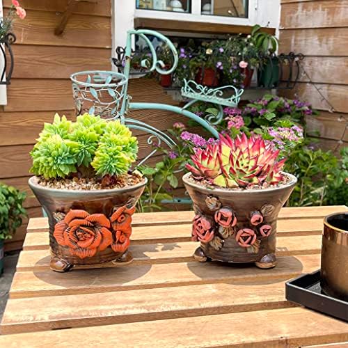 5.5 Inch Succulent Pot Handmade Flower Design Round Ceramic Antique Plant Pot Cactus Pot Planter with Drainge and Saucer Set of 2 - Image 2