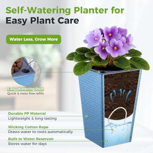 Self Watering Pots for Indoor Plants, 2 Pack Flower Pots Self Watering Planter 10.7" x 6.9" Plastic Pots African Violet Wick and Grow Pots Tall Orchid pots Square Large Plant Pots, Blue - Image 4