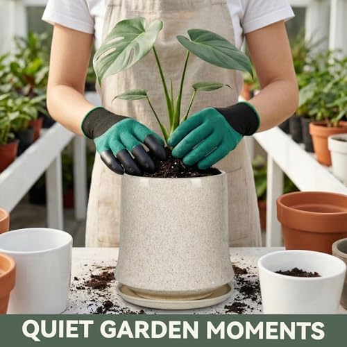 11 Inch Ceramic Planter Pot with Saucer Drainage Leak-Proof Mesh,Flower Pots for Lavender with Gardening Gloves,Ceramic Planter for Orchid(Silk White) - Image 5