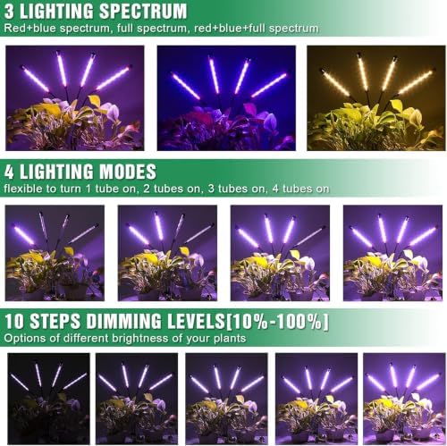 LED Grow Lights for Indoor Plants,4 Heads Red Blue White Full Spectrum Plant Light with 15-63" Adjustable Tripod Stand, Indoor Grow Lamp with Remote Control and Auto On/Off Timer Function - Image 4