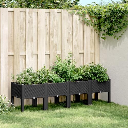 Black PP Garden Planter with Legs 63x15.7x16.5 Inch for Climbing Plants, Outdoor Elevated Rattan Look Planter Box with Drainage by Unknown