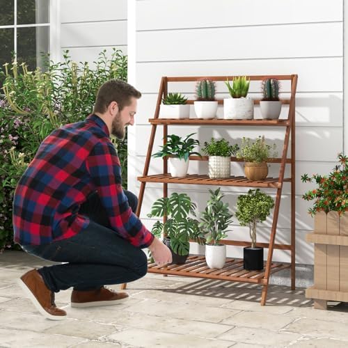 COSTWAY Bamboo Plant Stand, Foldable Multifunctional Flower Display Ladder Shelf, 3-Tier Storage Rack - Image 6