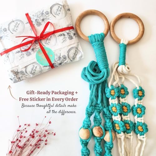 Set of 2 Macrame plant hanger with Daisies & Beads | Hanging plant holder Macrame Plant hangers outdoor and indoor hanging planters Plant stand indoor Boho Decor hanging planter stand (Ocean Teal) - Image 6