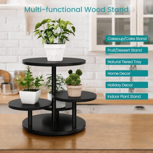 ELITEROO 4 Tier Round Cupcake Stand, Wooden Cup Cake Tower with Tiered Cookie Serving Tray, 360°Rotatable Cake Stand for Dessert Table Display for Wedding Birthday Halloween Tea Party, Black - Image 4