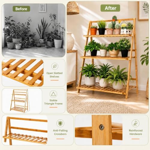 COSTWAY Bamboo Plant Stand, Foldable Multifunctional Flower Display Ladder Shelf, 3-Tier Storage Rack - Image 3