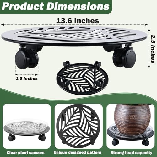 3 Packs Large Metal Plant Caddy with PU Wheels 13.6" Heavy-Duty Wrought Iron Rolling Plant Stands Indoor Outdoor Wheeled Plant Dolly Planter Mover Rollers Plant, Leaf Style - Image 3