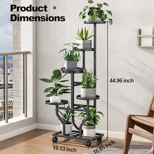 Plant Stand with Wheels, Black 6 Tier Metal Plant Shelf for Indoor Outdoor - Image 2