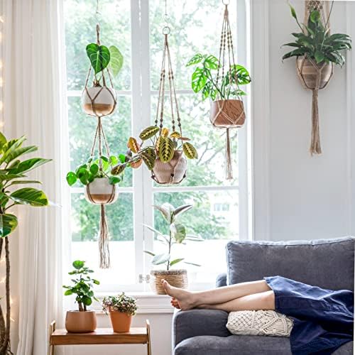 Mkono Set of 7 Macrame Plant Hangers Indoor 6 Different Size Hanging Planter Basket Flower Pot Holder 67"/46"//41"/35"/29"/23", Brown - Image 2