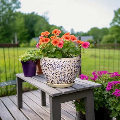 Ceramic Pots for Plants - 8 Inch Plant Pot with Drainage Hole and Saucer, Modern Flower Pots for Indoor Outdoor Plants, Round Decorative Planter, Bedroom Decor, Plant Lover Gift, Retro Blue - Image 4