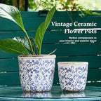 Vintage Ceramic Planter with Drainage Hole, Plastic Tray & Mesh, 6.5 Inch - Indoor/Outdoor Flower Pot, Blue Floral Rustic Farmhouse Design Plant pot for Home, Office & Garden Décor, Ideal Gift - Image 3