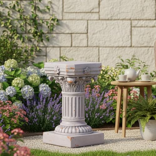 Merax 16.73" H Corinthian Pedestal Plant Stand, MGO Decorative Pedestal Side Table for Indoor Outdoor Entryway Garden Home, Antique White, No Assembly Needed - Image 5