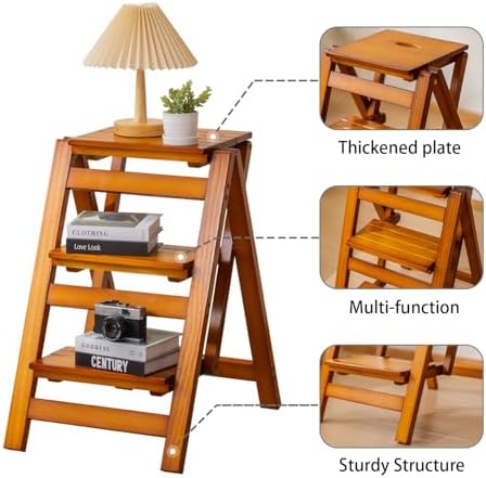 Latifolia Foldable 3 Step Ladder, Wooden Step Stool with Floor Saver, Decorative Ladder Shelf for Living Room, Kitchen, Garden(Walnut) - Image 3
