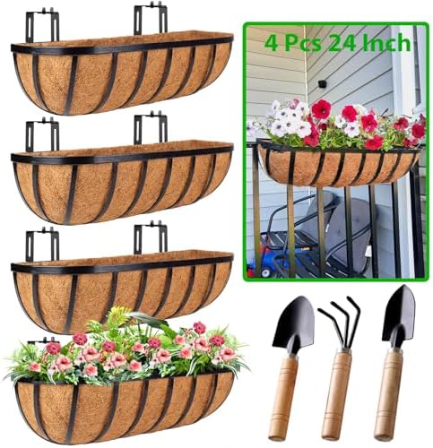 HKZ Deck Balcony Railing Planter Window Boxes - 4 Pack 24 Inch Planter Box, Balcony Planters Railing Hanging, Window Boxes Outdoor Fence Planters by HKZ