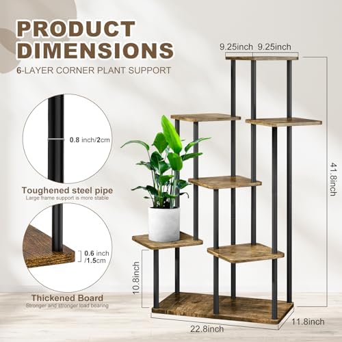 7 Tier Plant Stand Indoor, Thickened Metal Wood Corner Plant Shelf Stands for Multiple Plants, Indoor Tall Plants Stand Tiered Flower Holder for Living Room Patio Garden Balcony(Black+Brown) - Image 2