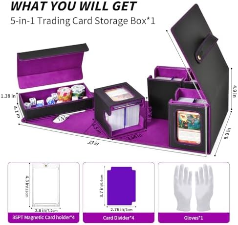Commander Deck Box for MTG, Trading Card Storage Box Holds 400+ Double-Sleeved Cards, 5 IN 1 Removable Card Case with Dice Tray, Display Window with Magnetic Card Holders for TCG/CCG (Black Purple) - Image 2