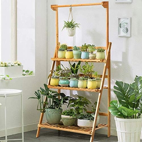 ReunionG 3-Tier Bamboo Plant Stand, Foldable Hanging Flower Plant Shelf, Pot Organizer Display Storage Rack with Adjustable Height Hanger Rod, Planter Ladder Potted Holder for Patio Garden - Image 2