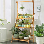 ReunionG 3-Tier Bamboo Plant Stand, Foldable Hanging Flower Plant Shelf, Pot Organizer Display Storage Rack with Adjustable Height Hanger Rod, Planter Ladder Potted Holder for Patio Garden - Image 2