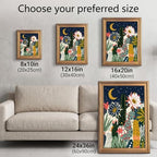 Framed Canvas Wall Art Bohemian Gouache Desert Night Cereus Flowers Navy and Coral Cacti Canvas Print Poster Gold Frame Wall Decor for Living Room Bedroom Boho Art, Desert Decor - Inch 12x16 - Image 3
