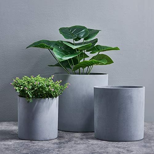 FaithLand 14 Inch Fiberstone Planter - Lightweight Modern Cylinder Plant Pot with Drainage Hole & Plug, Authentic Concrete Look, Gray - Image 4