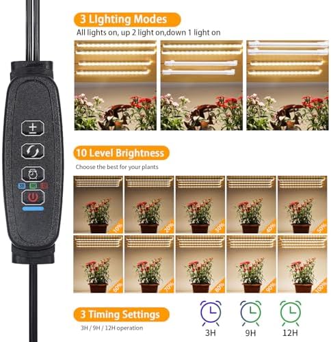 RWNTAO 8.6 Inches LED Plant Growing Light Strips, Full Spectrum 3000K Grow Light for Indoor Plants with 3/9/12H Timer, 10 Dimmable Levels for Seedling Succulent and Plant Shelf (4 Head×2pcs) - Image 3