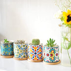 6 Pack Mandala Succulent Plant Pot with Bamboo Trays, Ceramic Multicolored Succulent Container Planter Pot for Small Plant - Image 2