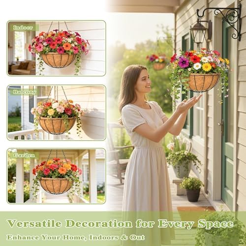4 Pack 14 Inch Hanging Baskets for Plants Outdoor Metal Hanging Planter Hanging Flower Baskets with Coco Fiber Liners Chain Round Wire Plant Holder Hanging Flower Pots(Watermelon) - Image 2