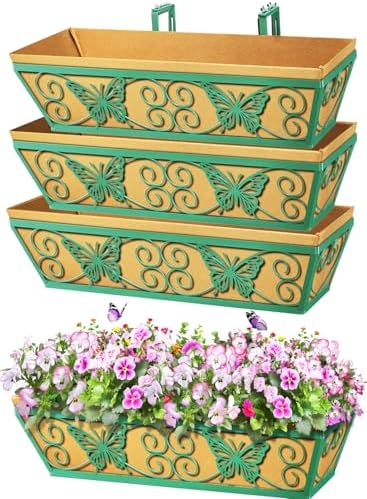 4 Pack 24 Inch Window Boxes Planters Railing Planter Box with Adjustable Brackets for Porch Fence Patio Balcony Hanging Flower Baskets with Woven Fabric for Outdoor Garden Decor - Green by KarlliuHOMEGARDEN