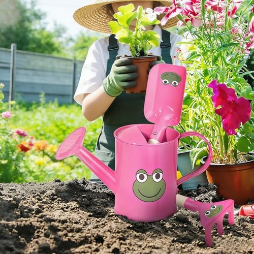 Sungmor Small Watering Can Set Cute Little Gardener Kit | Package Includes 3PC Rose Red Frog Watering Can & Trowel & Rake Gardening Hand Tools | Perfect for Garden,Yard or Beach - Image 3
