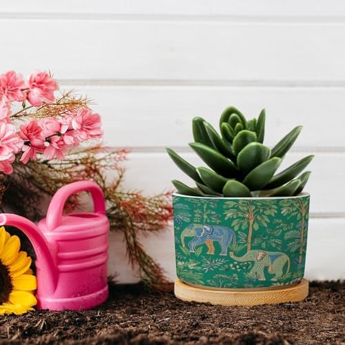 Animal Green Chinoiserie Planters Ceramic Asian Thailand Elephant Floral Round Flower Pot with Drainage Holes and Bamboo Tray Pot for Home Desktop Office Windowsill - Image 5