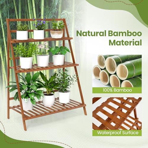 GIANTEX Foldable Bamboo Ladder Plant Stand, 3 Tier Plant Shelf, Brown - Image 3