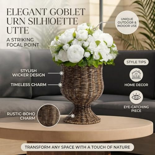 Goblet Urn Shape Wicker Planter,Rattan Woven Plant Basket, Rustic Flower Vase, Rattan Urn Vases & Planters Pot for Boho Home Outdoor Plants Décor (2PCS) - Image 2