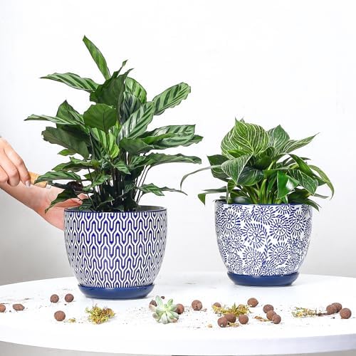 Selamica Ceramica Plant Pots, 6.5 Inch Flower Pots Set of 2 with Drainage Holes & Saucer, Planters for Indoor Plants, Home Decor, Vintage Blue - Image 2