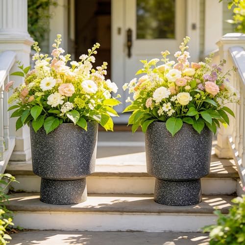 Autodaya 16.8" Urn-Style Planters Set of 2, Black Terrazzo Pedestal - Image 7