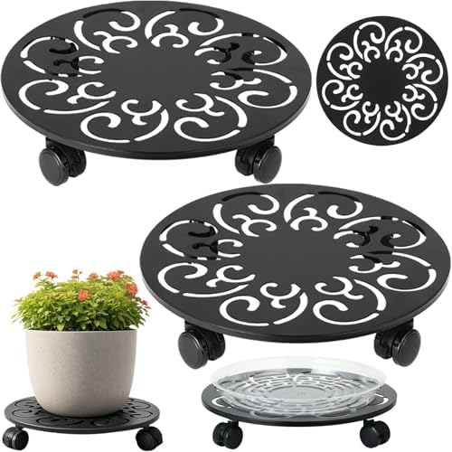 2-Pack 12 Inch Metal Plant Caddy with Wheels Large Heavy-duty Rolling Plant Stands Wheeled Planter Dolly Flower Pot Mover Rollers Rust-proof Garden Coasters Trolley for Indoor Outdoor Use by PartyZealot