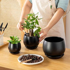 vancasso 3-Pack Ceramic Plant Pots, 3.7/4.8/6.2 Inch Indoor Planters with Saucers & Drainage Hole Planter pots for Indoor Plants and Flower, Black - Image 4