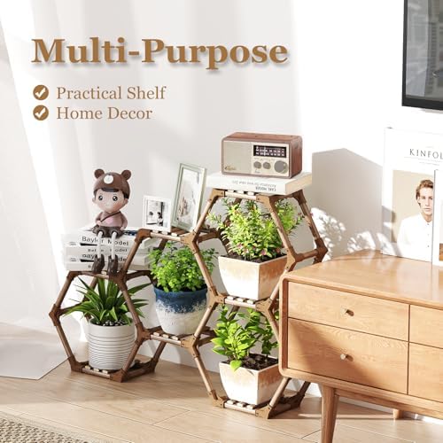 Tikea Hexagonal Indoor Outdoor Plant Stand, Small 7-Tier Wooden Plant Shelf - Image 2