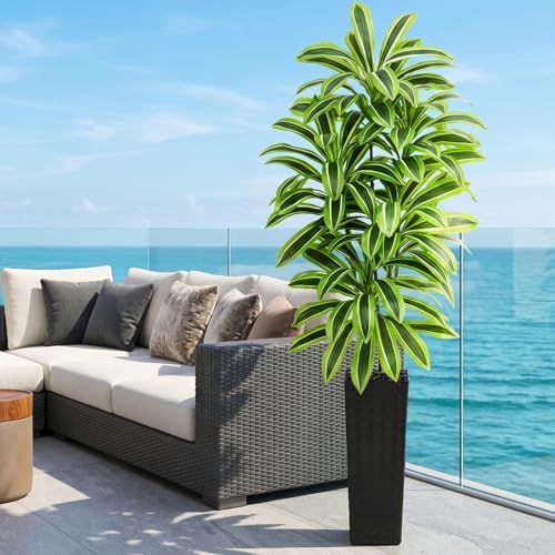 Artificial Yellow Dracaena Tree Indoor, 7FT Tall Fake Floor Plants with Black Planter & Pebbles, Faux Silk Yucca Tree for Home Office Living Room Bedroom Farmhouse Modern Outdoor Topiary Tree - Image 2