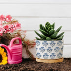 Mughal Flower Planters Ceramic Blue Flower Round Flower Pot with Drainage Holes and Bamboo Tray Pot for Home Office Decoration - Image 5
