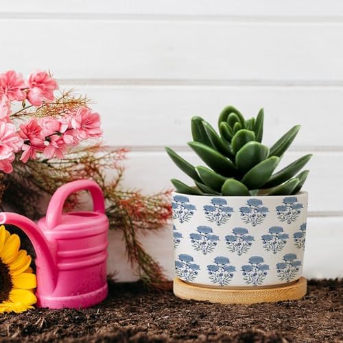 Mughal Flower Planters Ceramic Blue Flower Round Flower Pot with Drainage Holes and Bamboo Tray Pot for Home Office Decoration - Image 5
